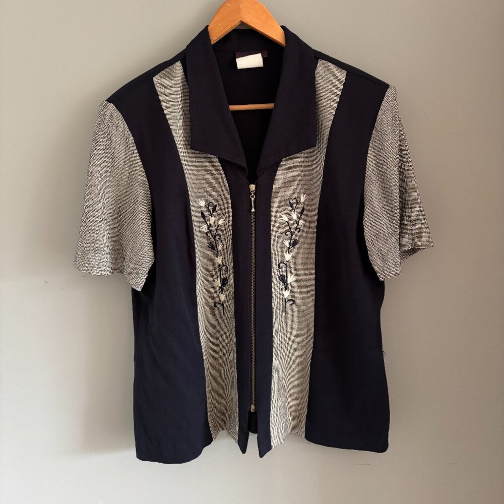 Vtg Navy + Houndstooth Zip-Up Blouse